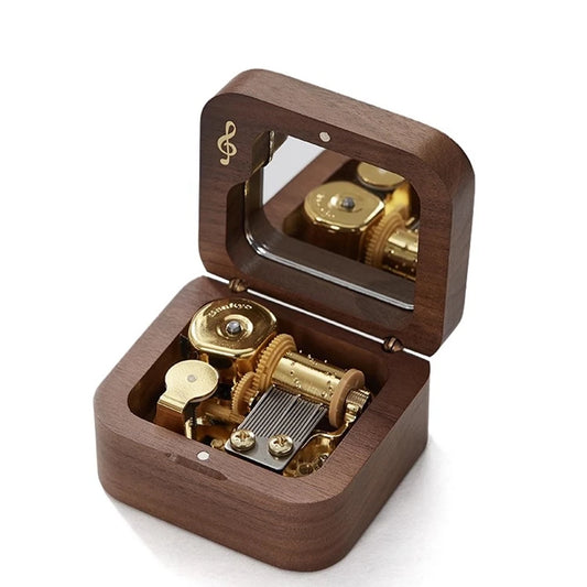 Vintage Wooden Music Box 18 Tone Clockwork Musical Box with Mirror Walnut Wood Anime Game Theme Song Merry-Go-Round Tori No Uta